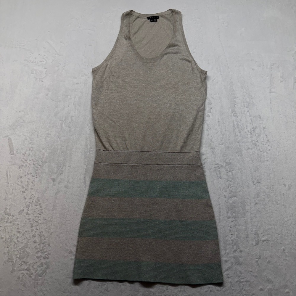 Theory Ritely Tank Dress S Gray Mint Stripe Linen Silk Knit Racerback